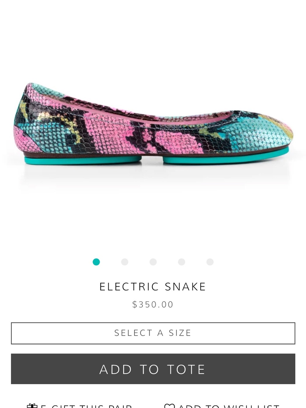 Tieks Electric Snake Size 6 Ballet Flats (Iconic Colorway)